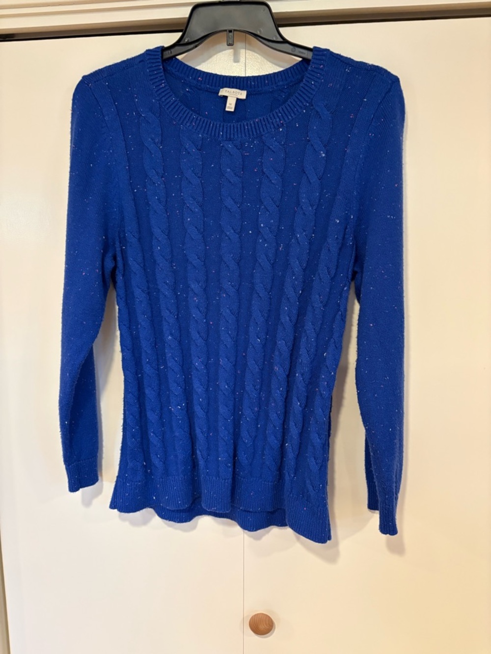 Talbots Cobalt Blue Cable Knit Crewneck Sweater with Subtle Flecks of color